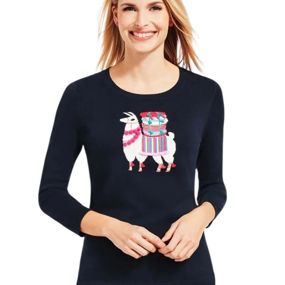 NWT Womens Talbots Dark Navy Blue Llama-Embellished Crewneck Sweater Sz L - Picture 2 of 12
